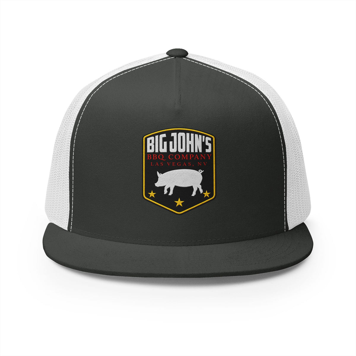 Big John’s BBQ Co. Flat Bill Trucker Hat — Pig Patch Mesh Cap