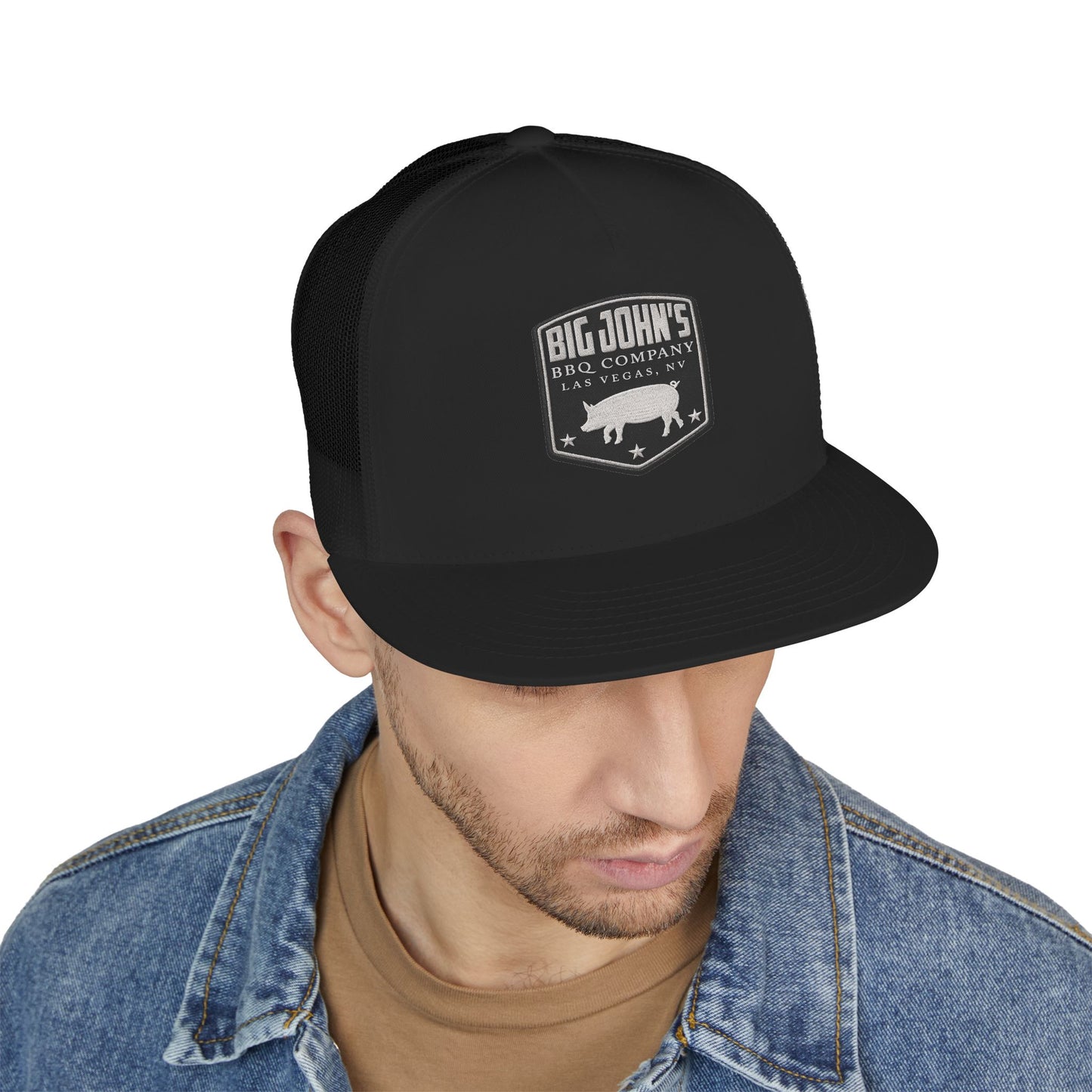 Big John’s BBQ Co. Flat Bill Trucker Hat — Silver Pig Patch Mesh Cap