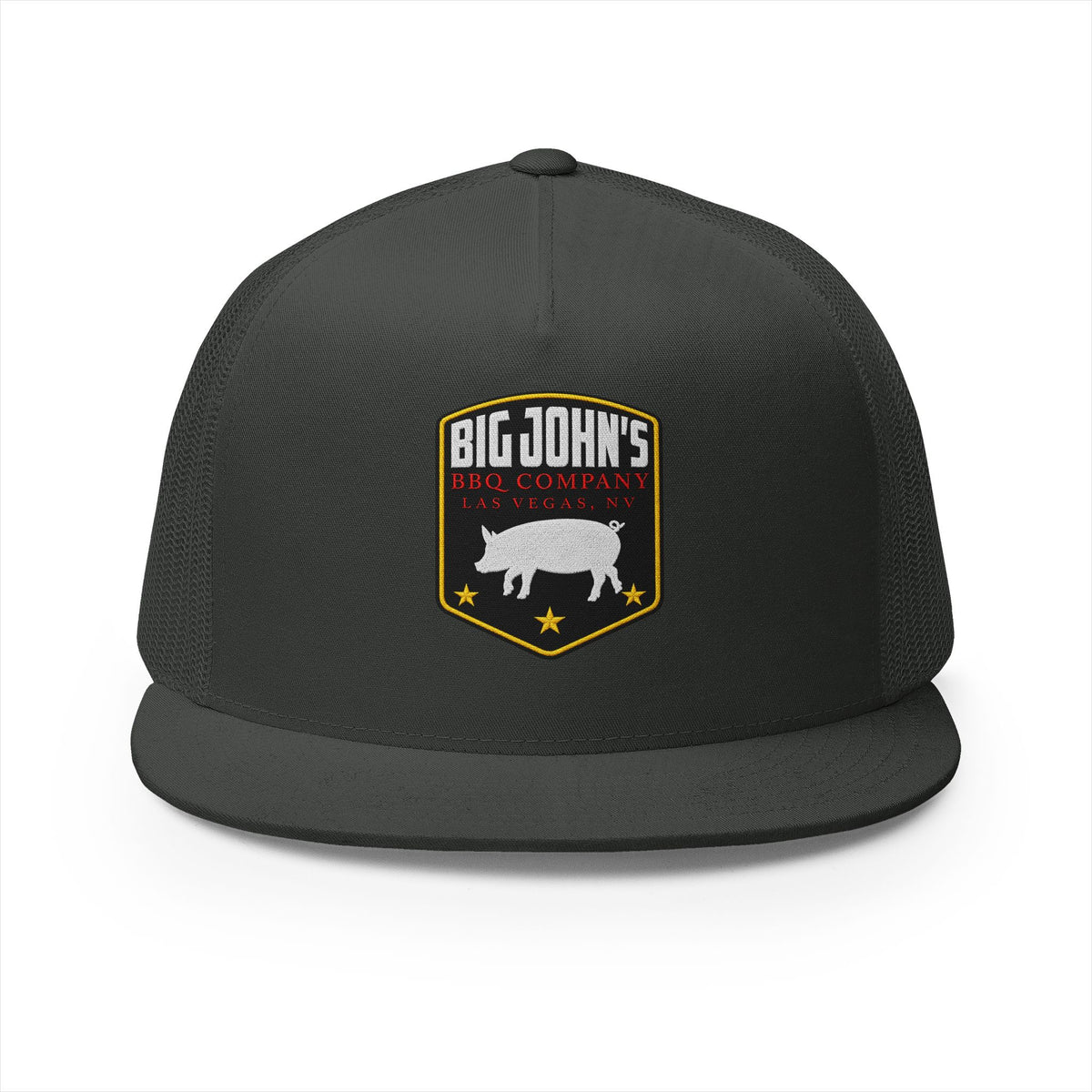 Big John’s BBQ Co. Flat Bill Trucker Hat — Pig Patch Mesh Cap
