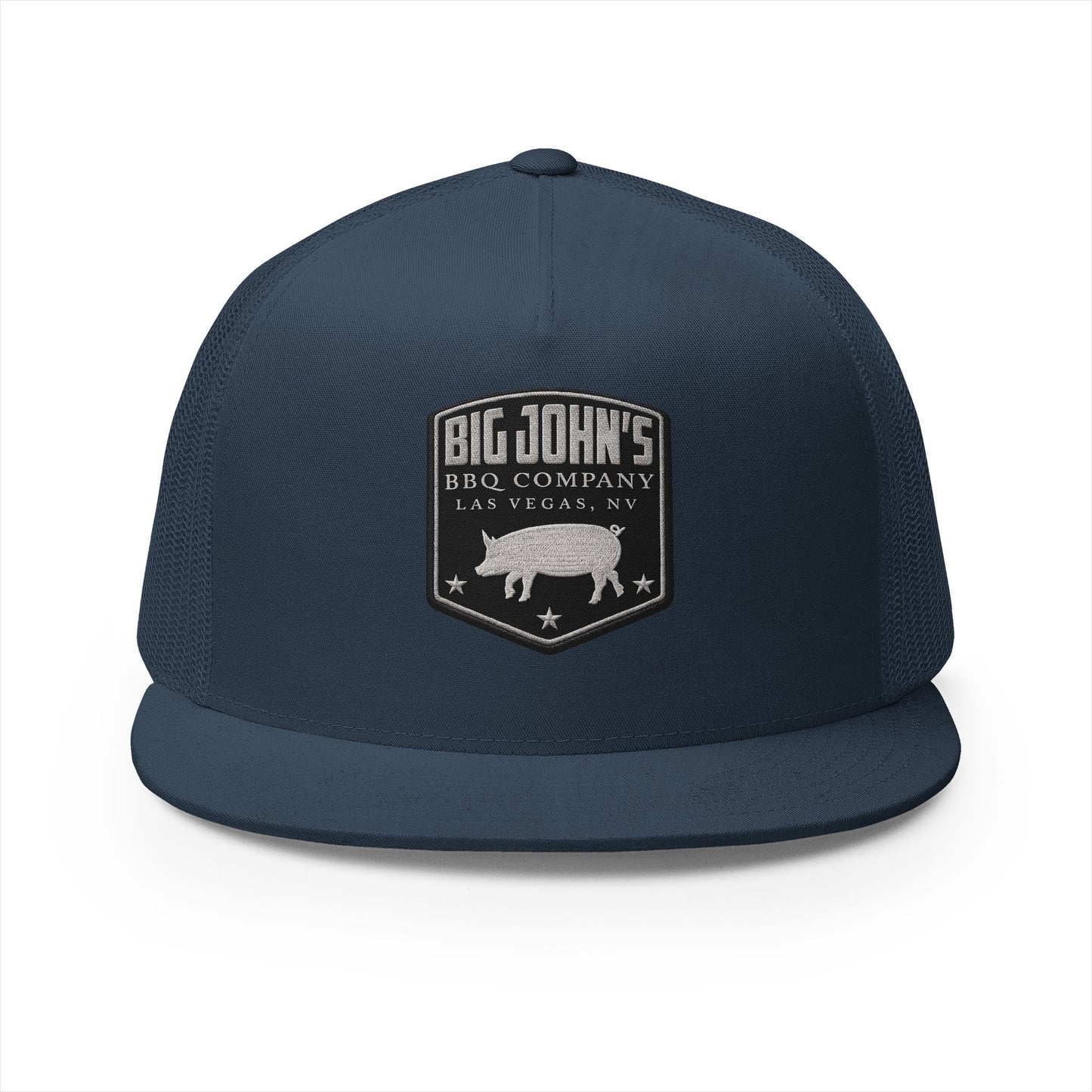 Big John’s BBQ Co. Flat Bill Trucker Hat — Silver Pig Patch Mesh Cap