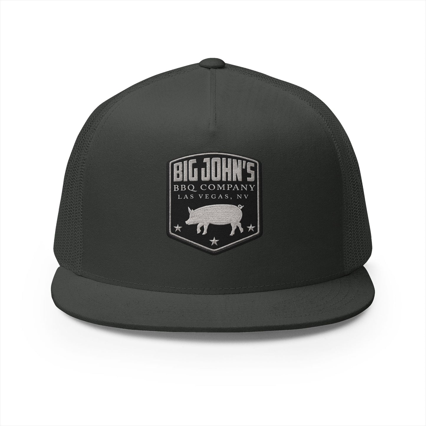 Big John’s BBQ Co. Flat Bill Trucker Hat — Silver Pig Patch Mesh Cap