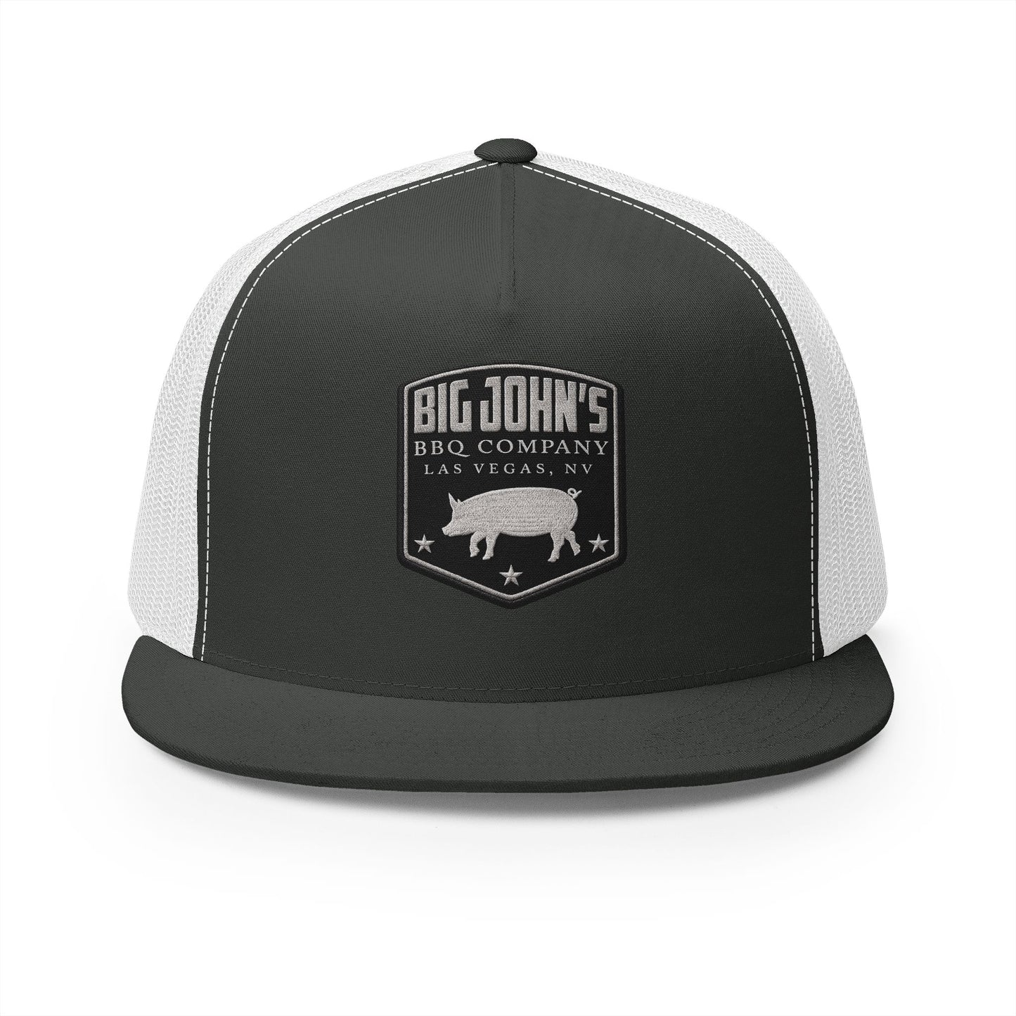 Big John’s BBQ Co. Flat Bill Trucker Hat — Silver Pig Patch Mesh Cap