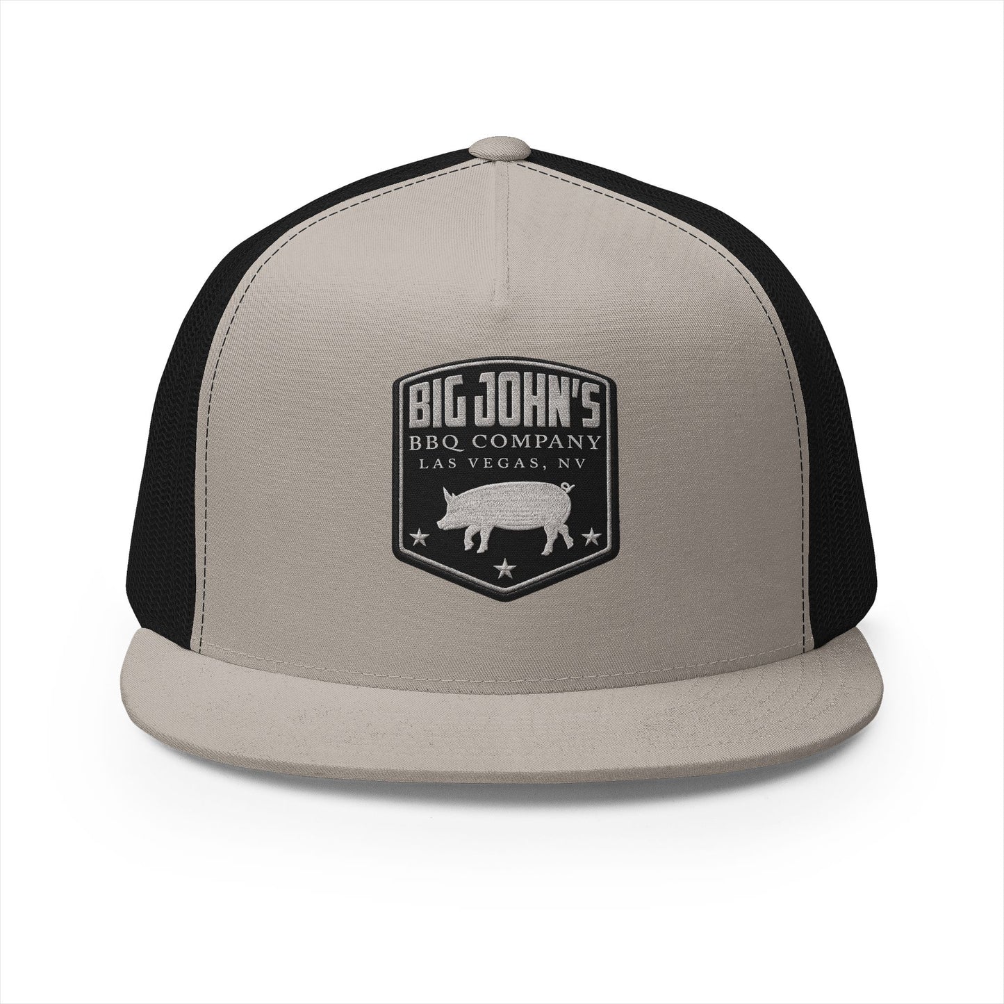 Big John’s BBQ Co. Flat Bill Trucker Hat — Silver Pig Patch Mesh Cap