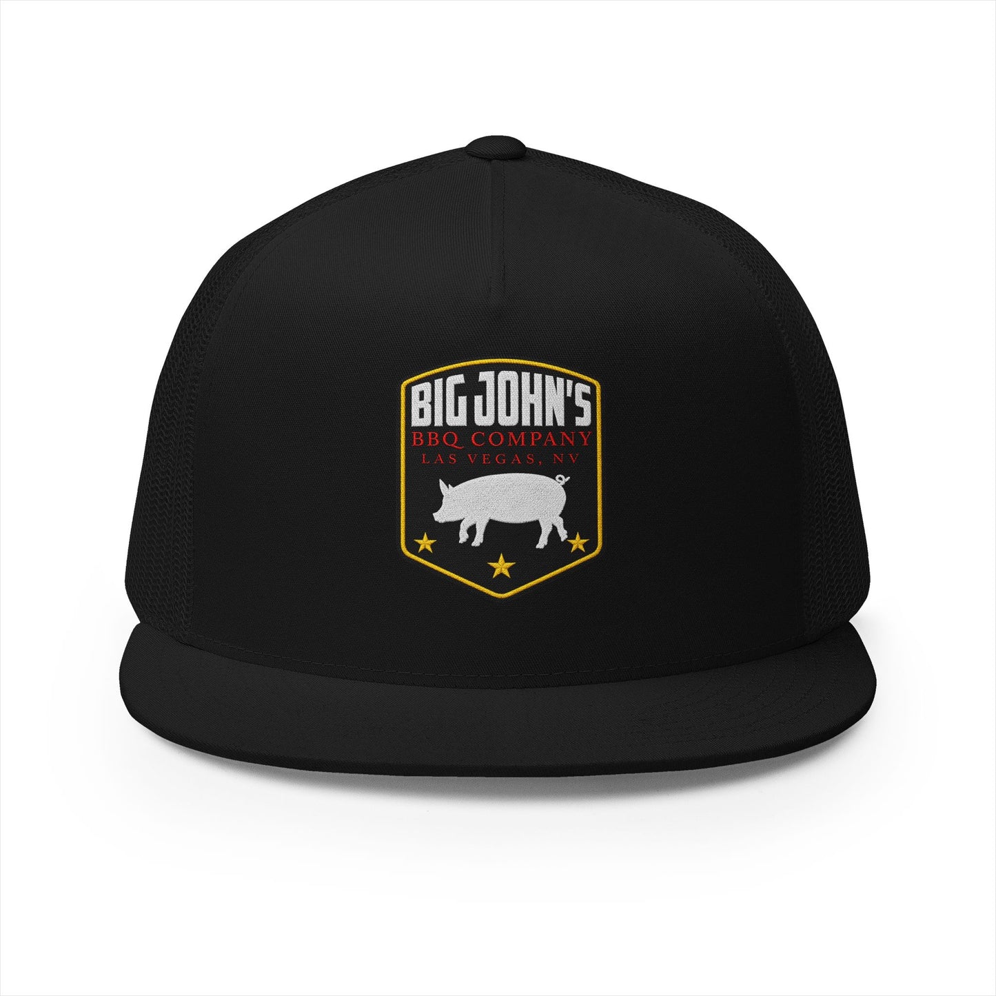 Big John’s BBQ Co. Flat Bill Trucker Hat — Pig Patch Mesh Cap