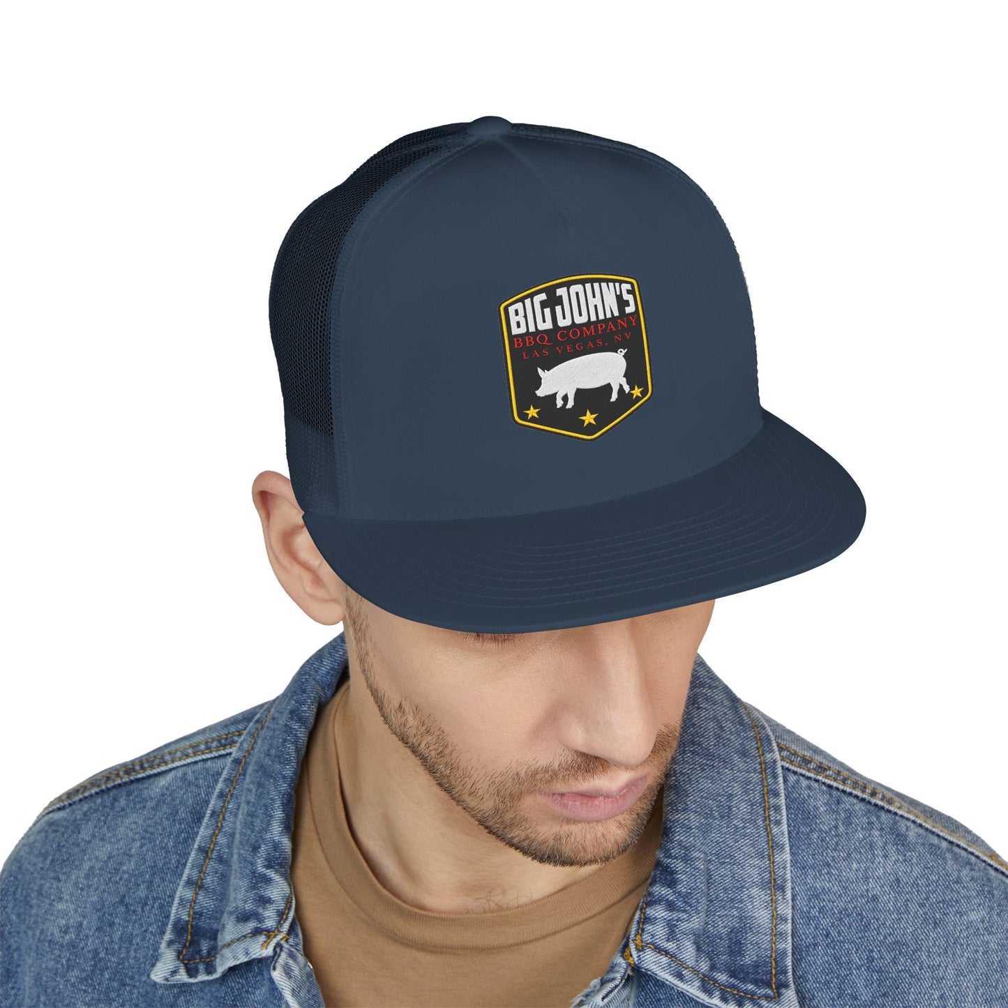 Big John’s BBQ Co. Flat Bill Trucker Hat — Pig Patch Mesh Cap