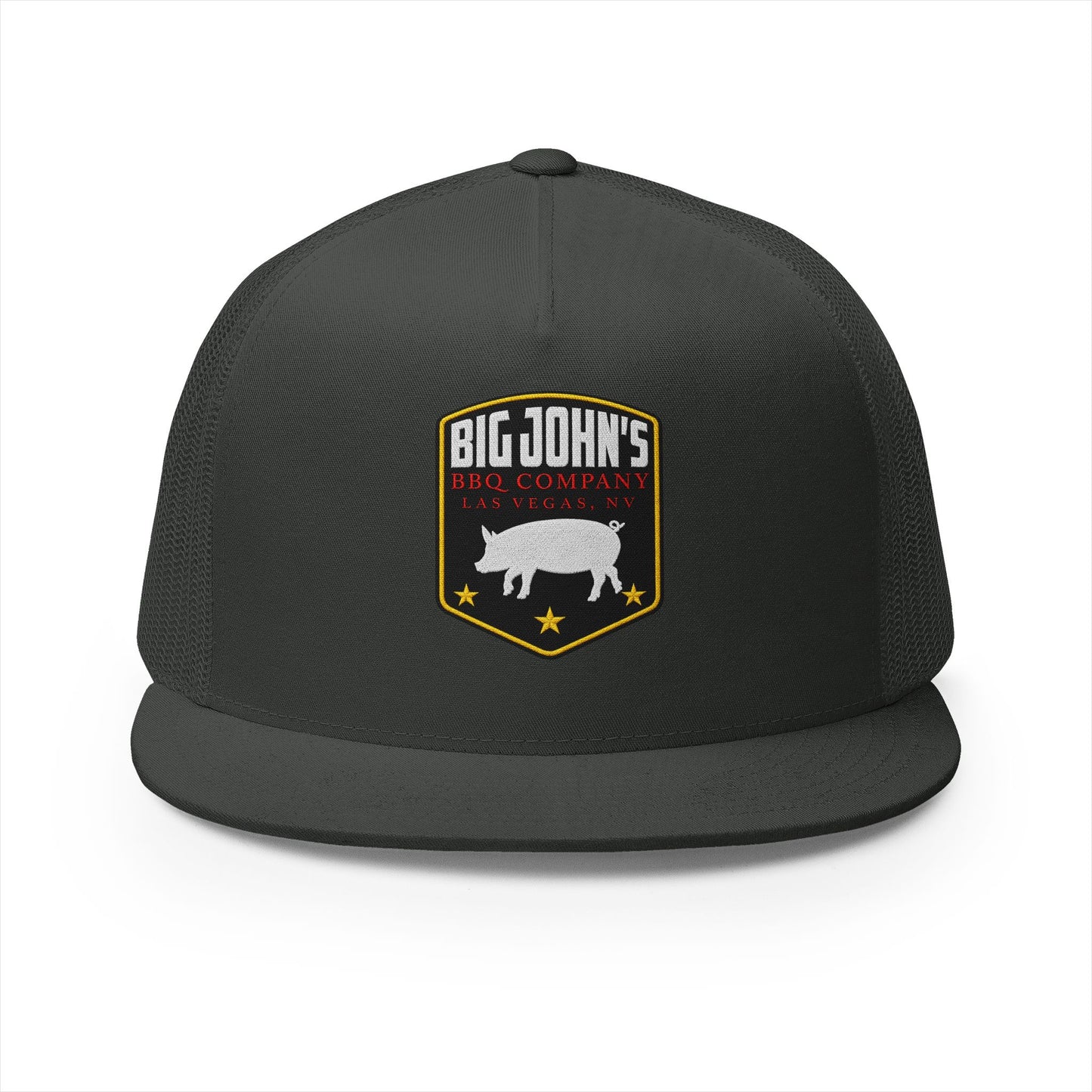 Big John’s BBQ Co. Flat Bill Trucker Hat — Pig Patch Mesh Cap