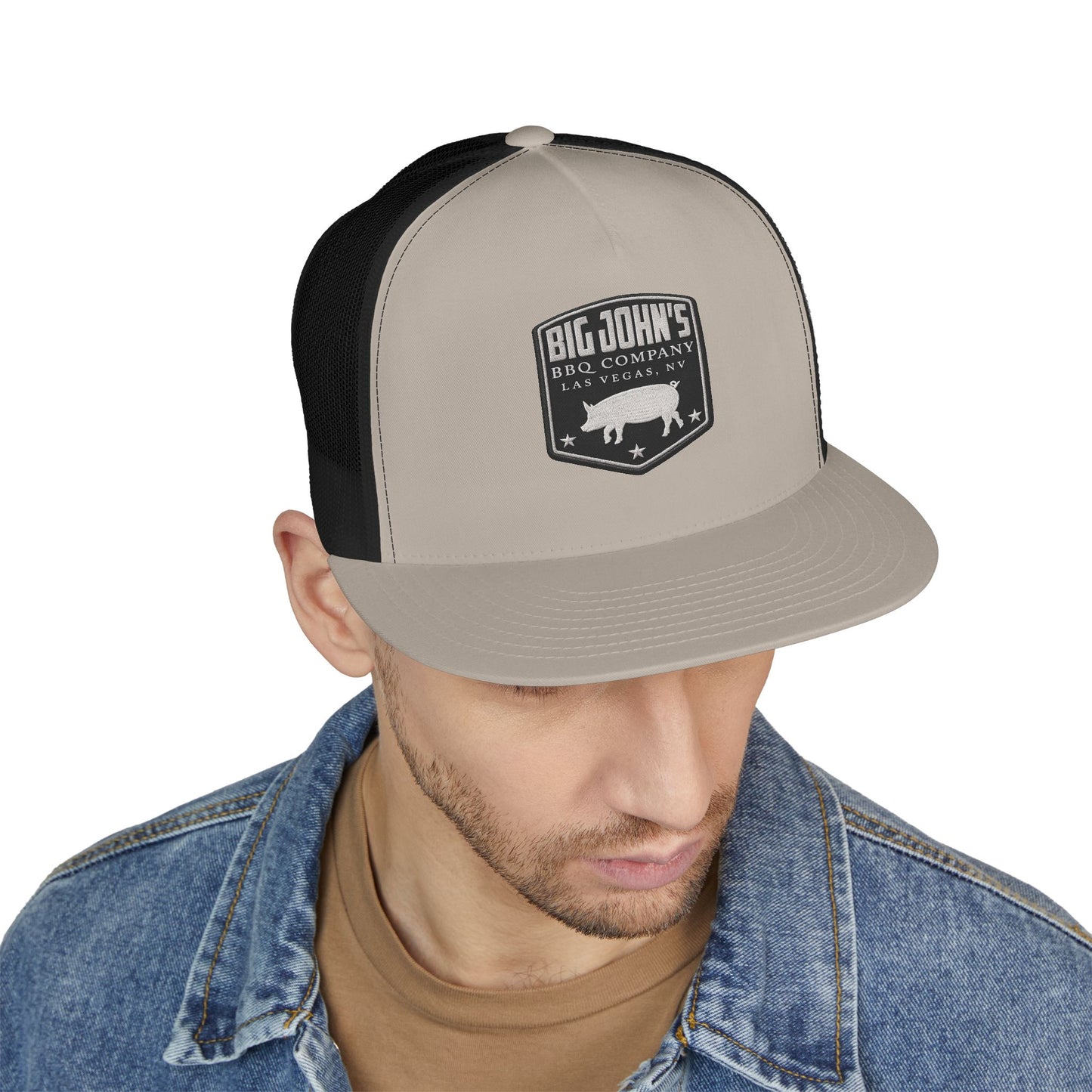 Big John’s BBQ Co. Flat Bill Trucker Hat — Silver Pig Patch Mesh Cap
