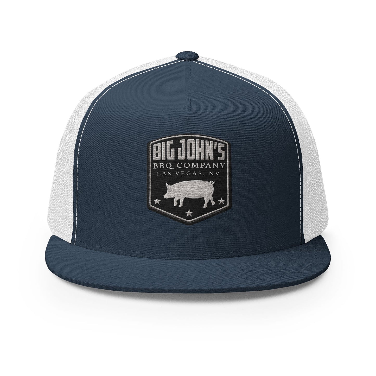 Big John’s BBQ Co. Flat Bill Trucker Hat — Silver Pig Patch Mesh Cap