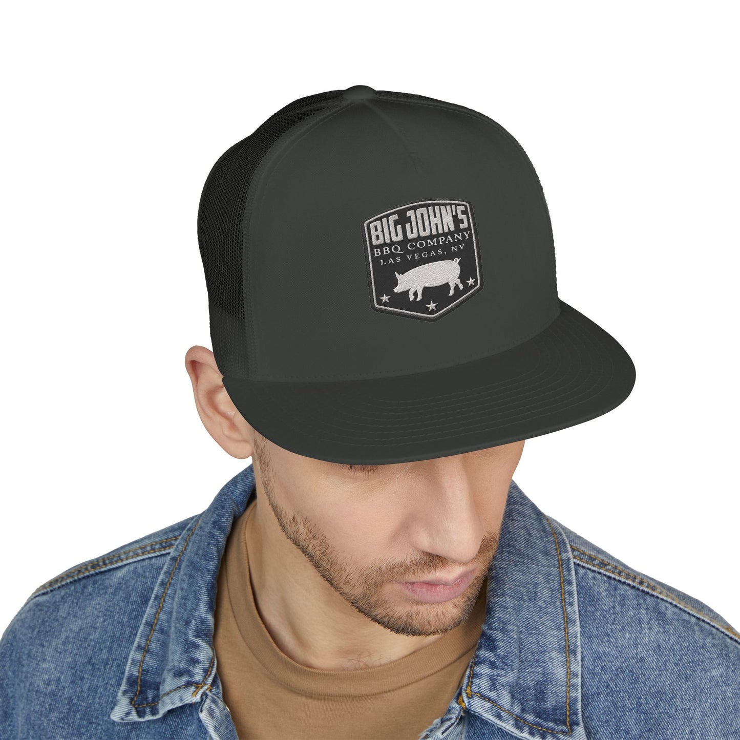 Big John’s BBQ Co. Flat Bill Trucker Hat — Silver Pig Patch Mesh Cap