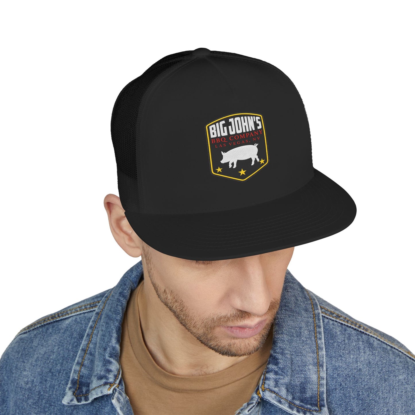 Big John’s BBQ Co. Flat Bill Trucker Hat — Pig Patch Mesh Cap