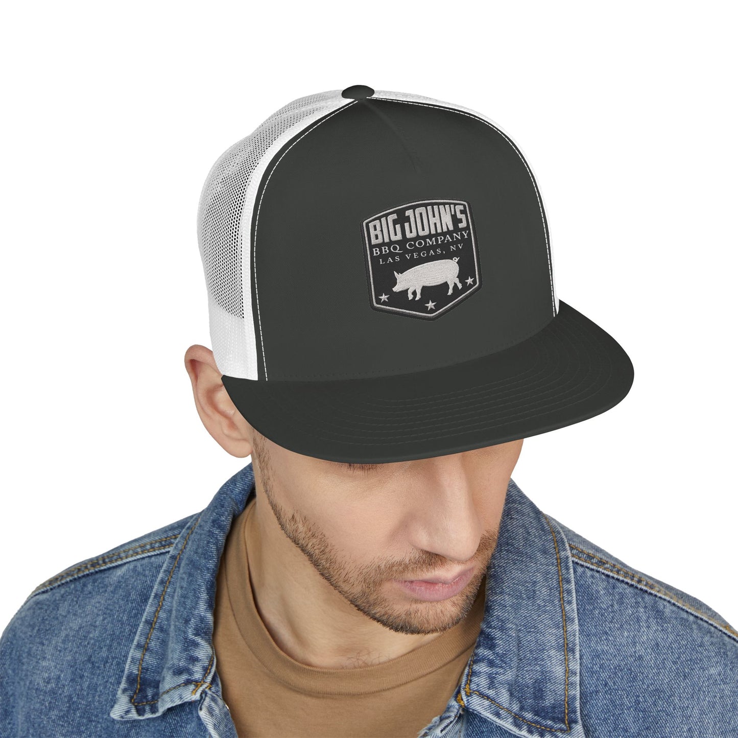 Big John’s BBQ Co. Flat Bill Trucker Hat — Silver Pig Patch Mesh Cap