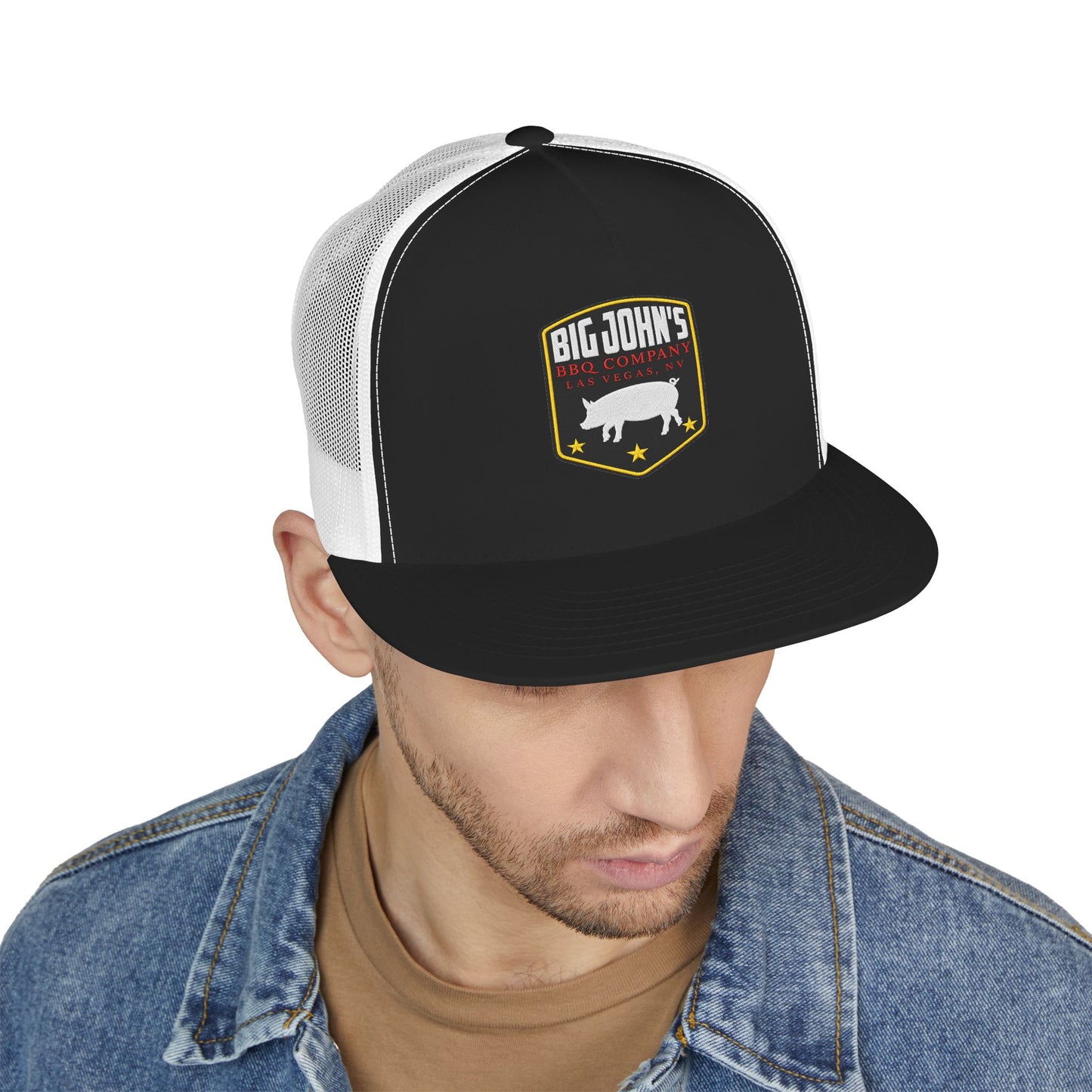 Big John’s BBQ Co. Flat Bill Trucker Hat — Pig Patch Mesh Cap