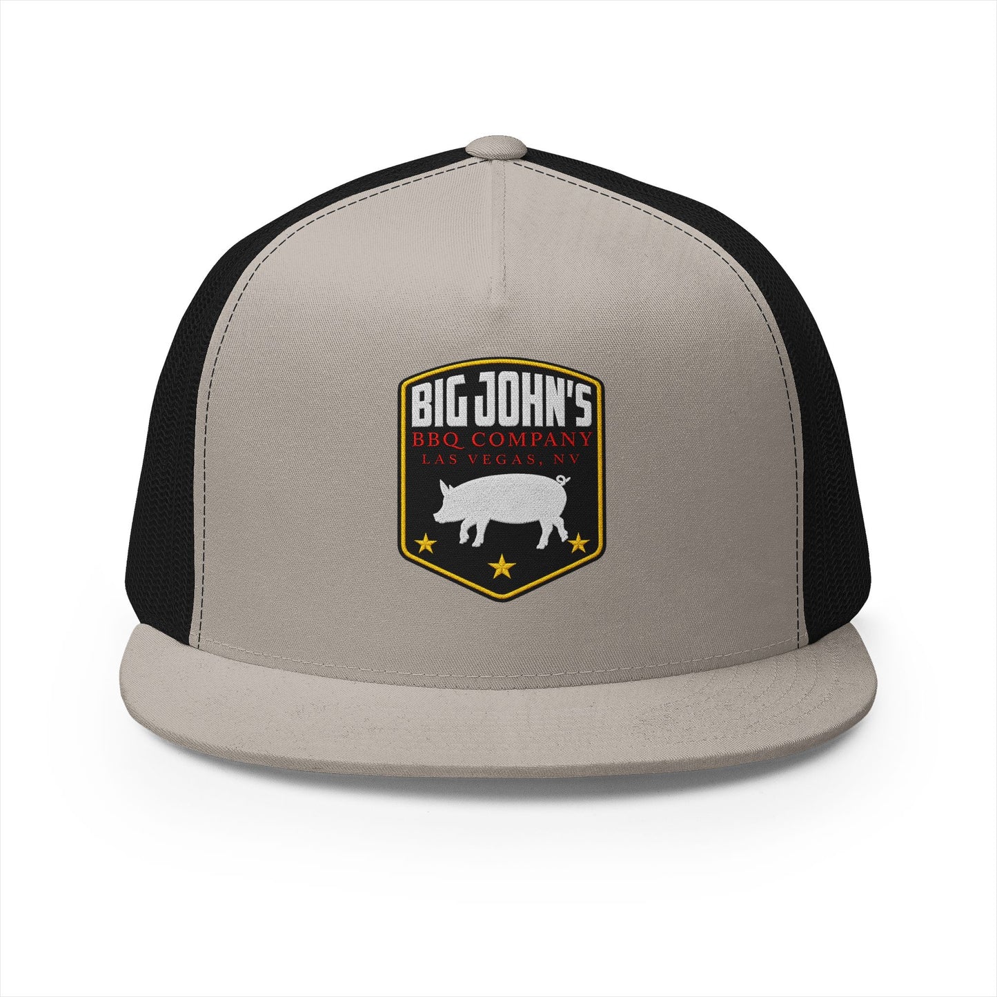 Big John’s BBQ Co. Flat Bill Trucker Hat — Pig Patch Mesh Cap