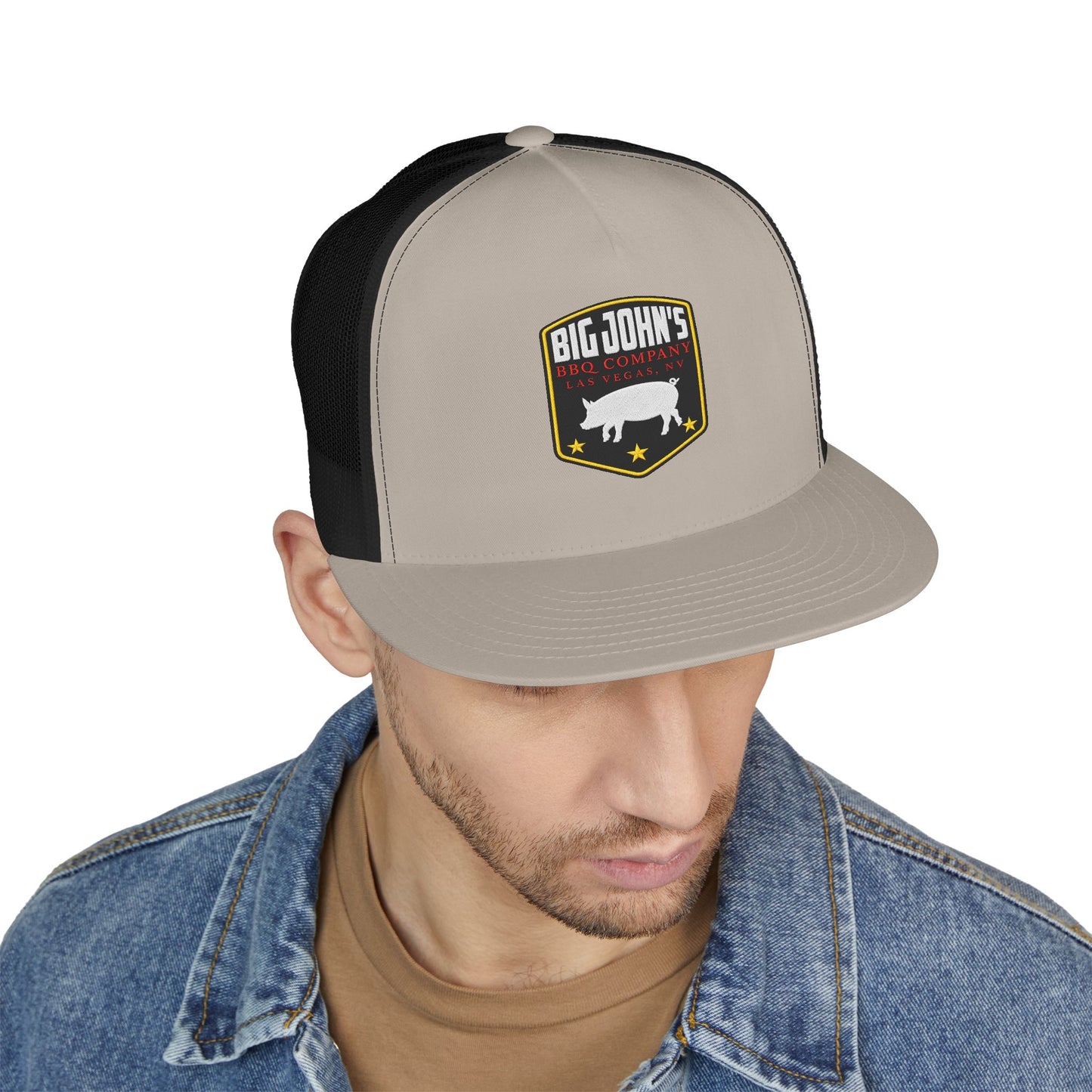 Big John’s BBQ Co. Flat Bill Trucker Hat — Pig Patch Mesh Cap
