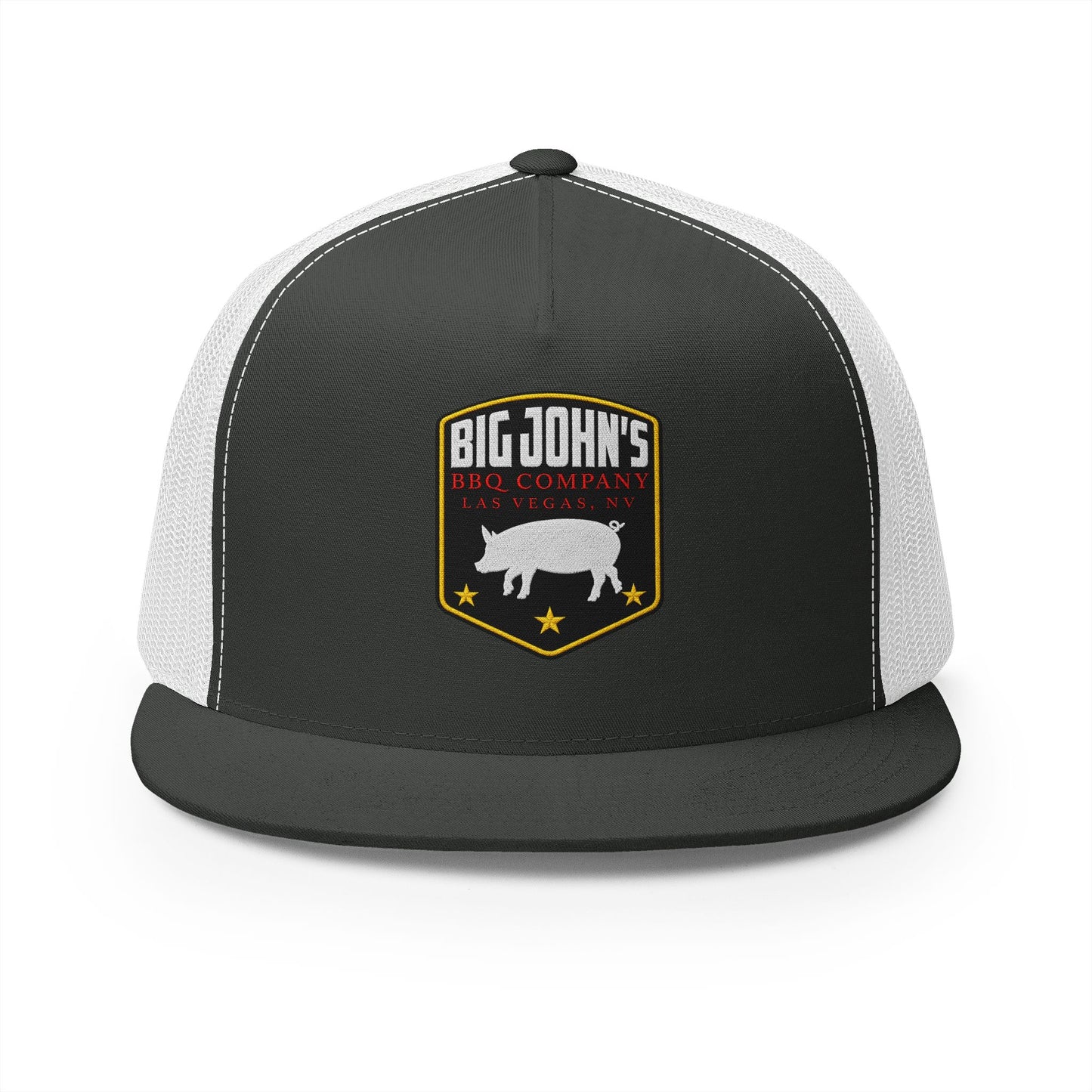 Big John’s BBQ Co. Flat Bill Trucker Hat — Pig Patch Mesh Cap