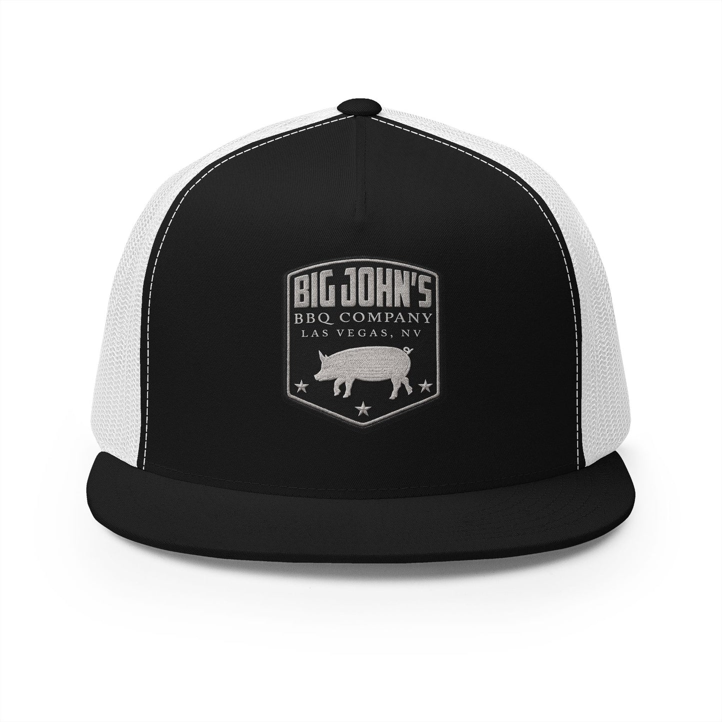 Big John’s BBQ Co. Flat Bill Trucker Hat — Silver Pig Patch Mesh Cap