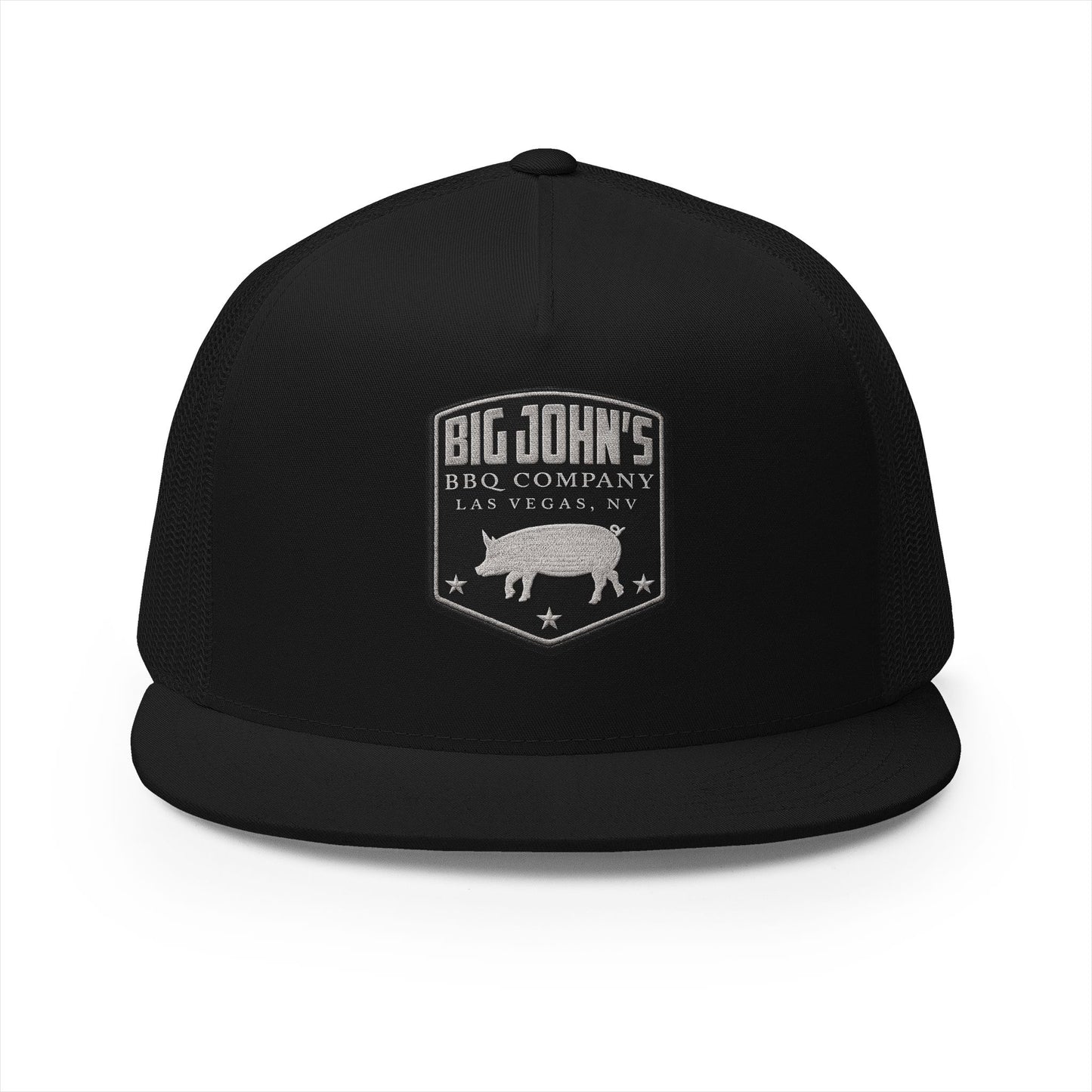 Big John’s BBQ Co. Flat Bill Trucker Hat — Silver Pig Patch Mesh Cap