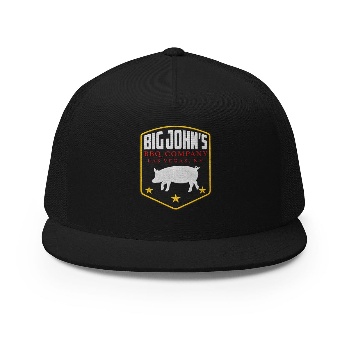Big John’s BBQ Co. Flat Bill Trucker Hat — Pig Patch Mesh Cap