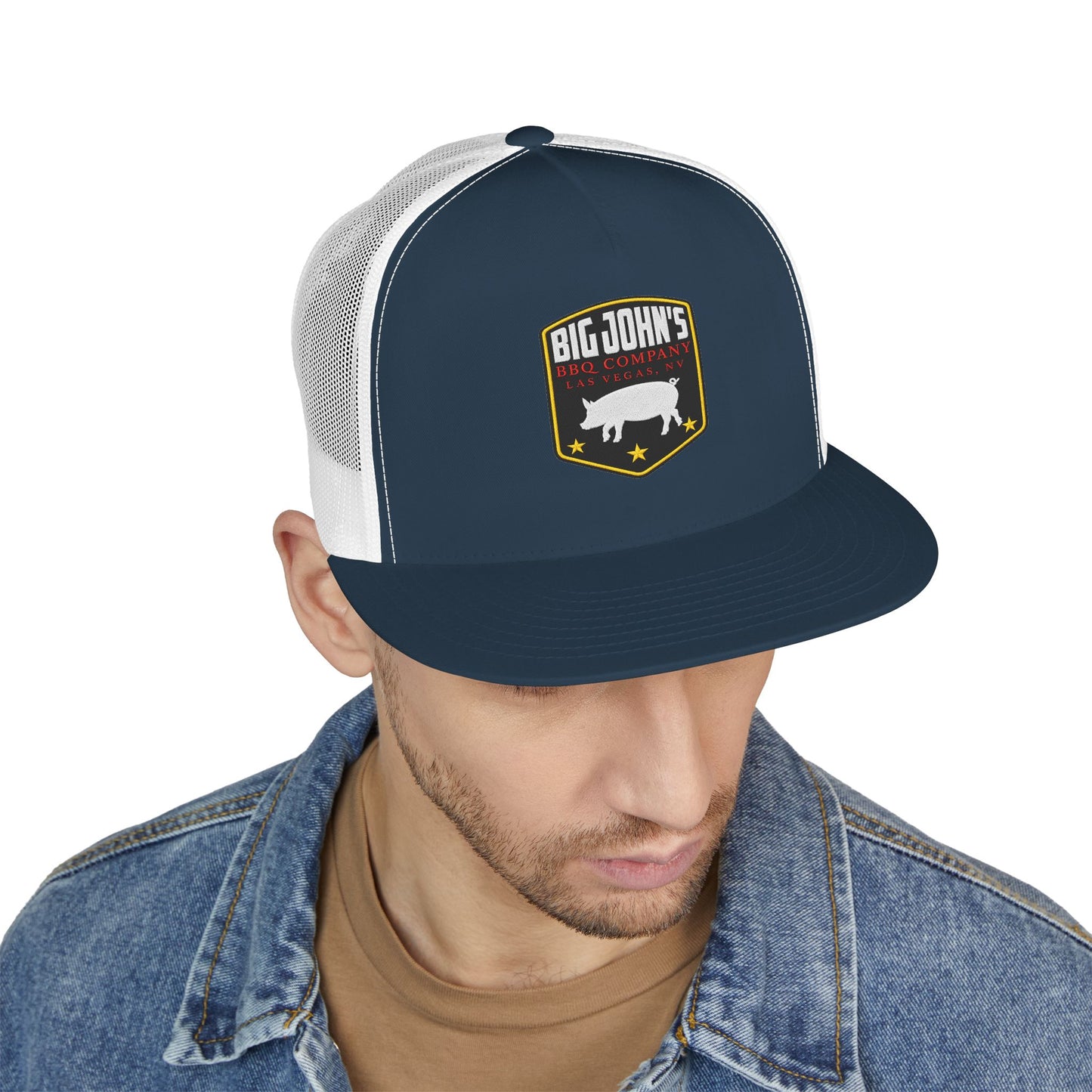 Big John’s BBQ Co. Flat Bill Trucker Hat — Pig Patch Mesh Cap
