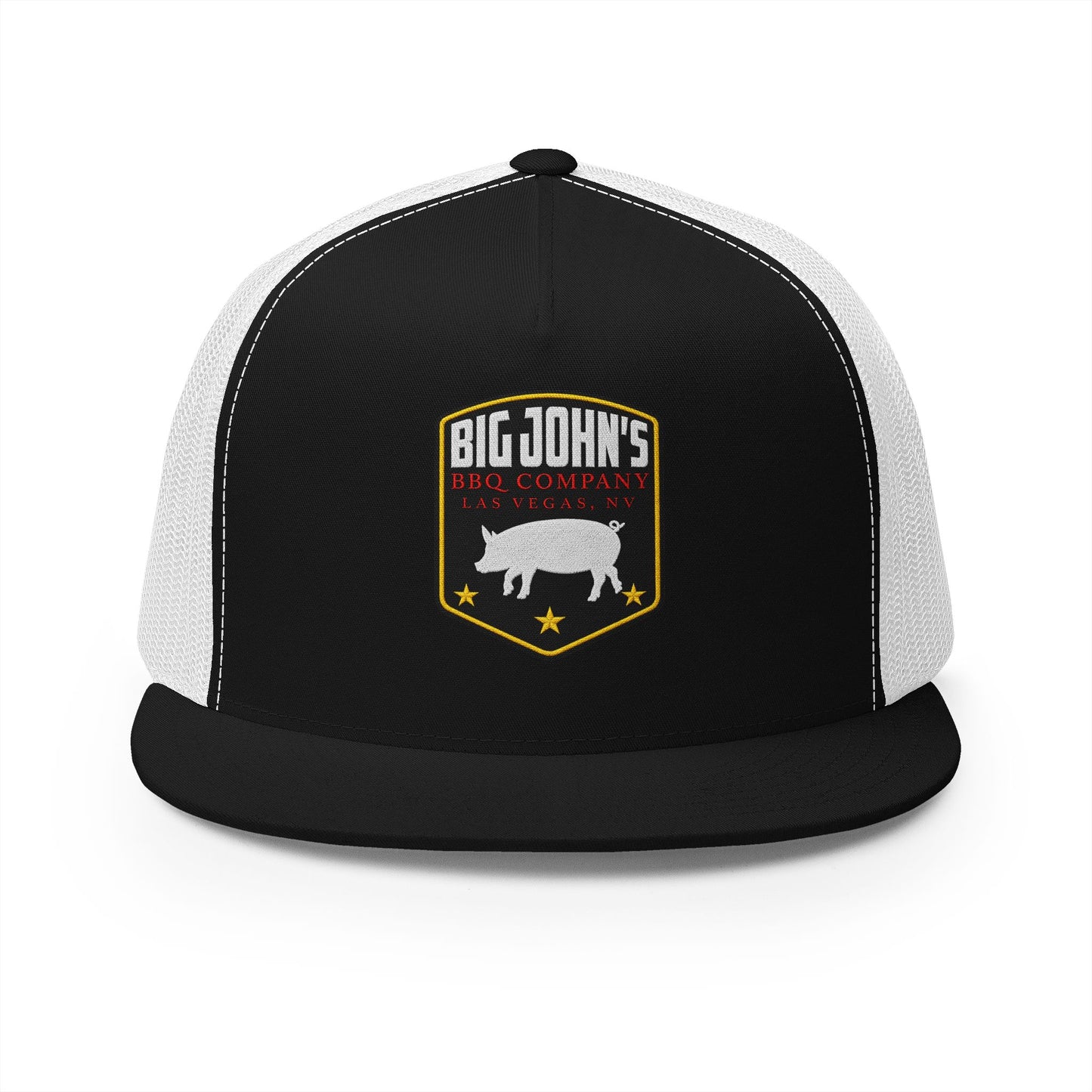 Big John’s BBQ Co. Flat Bill Trucker Hat — Pig Patch Mesh Cap